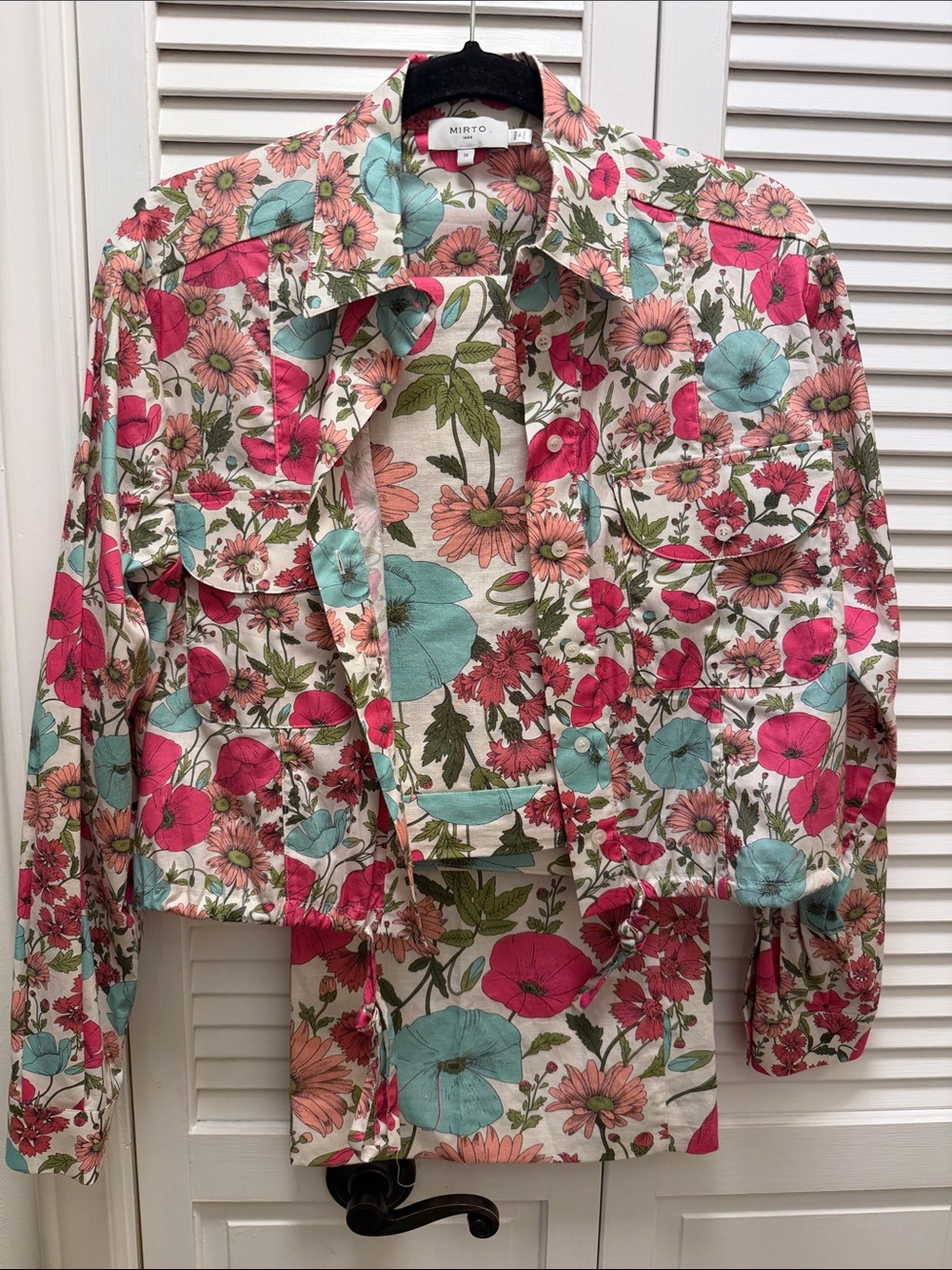 Floral Cropped Jacket & Skirt Set in Pink & Aqua